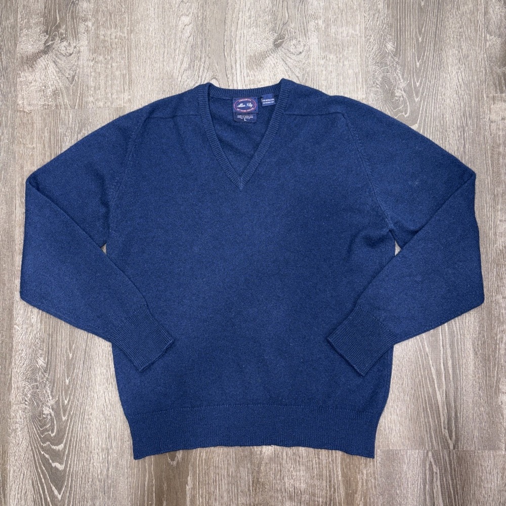 VTG Allen Solly 100% LambsWool Sweater Men's Large Navy Blue V Neck Pullover
